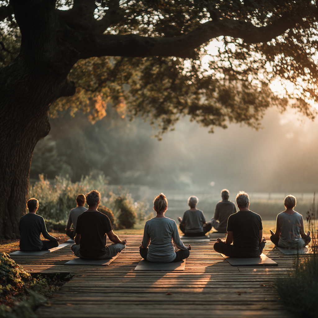 Peaceful group of mature adults aged 45-55 sitting in meditation circle on yoga mats in a natural outdoor setting with trees and soft morning light